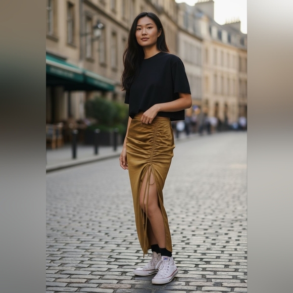 FREE PEOPLE CERINE GREEN RUNCHED MIDI SKIRT SIZE 12, New - Picture 3 of 5